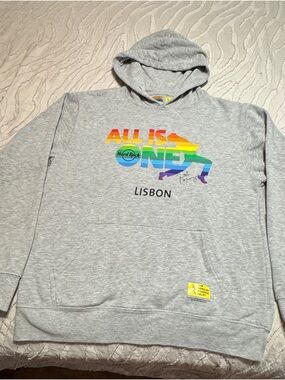 Hard Rock Cafe Lisbon 'All Is One' Gray Hoodie Sweatshirt Men’s Size Large